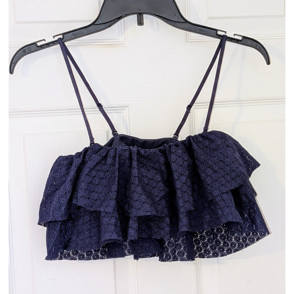 Aerie Navy Blue Eyelet Lace Tiered Ruffle Crop Top Adjustable Straps Size M‎ NWT